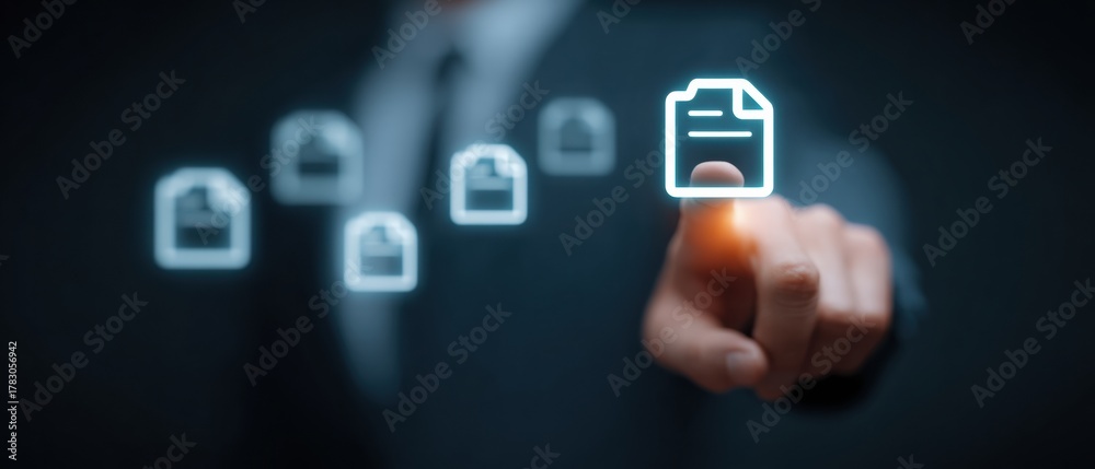 Fototapeta premium Digital document icon selection by businessperson pointing at virtual file on dark interface conveying secure document management and efficient access control