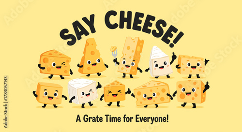 A cute cartoon illustration with the text "Say Cheese!" and "A Grate Time for Everyone!"