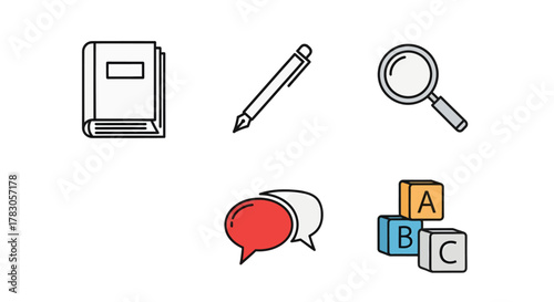 A set of five simple, colorful line icons related to education and communication: a closed book, a pen, a magnifying glass, two speech bubbles, and 'ABC' toy blocks.