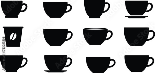 Coffee cup silhouette set, mug icon collection, to-go cup vector, flat design, cafe symbol, cad drawing flat vector illustration