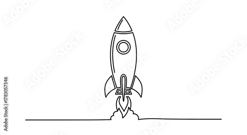 Fototapeta Naklejka Na Ścianę i Meble -  A minimalist line art drawing of a rocket ship launching with smoke and fire from its base, set against a clean white background, symbolizing a new beginning or successful startup