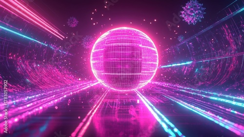 Fototapeta Naklejka Na Ścianę i Meble -  neon sphere in futuristic tunnel