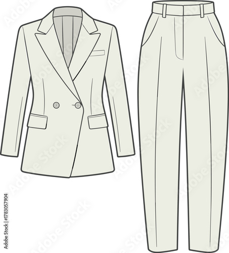Minimal formal blazer and pants cad drawing, women suit fashion flat vector, tailored outfit design, professional clothing sketch illustration