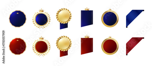 殿堂入りをあらわす「金・紅・濃紺」メダルとサテンリボンのデザインセット（小さなティアラクラウン付き・月桂樹装飾・リボン＆コーナーパーツ入り／高級感と威厳を表現したアワード・受賞・ランキング用ベクター）