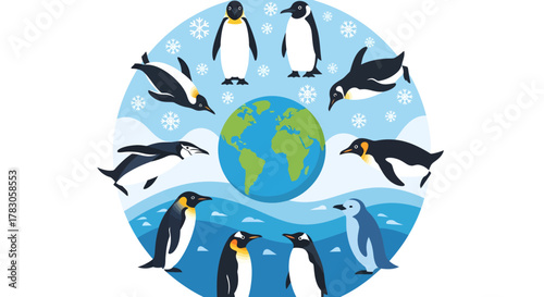 an environmental vector illustration showing a circle of different penguin species standing around a central globe of the earth on ice.