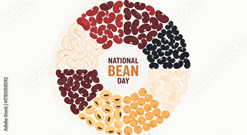 a circular flat lay vector design for national bean day showcasing various legume types like kidney and soy beans arranged in a ring around central text.