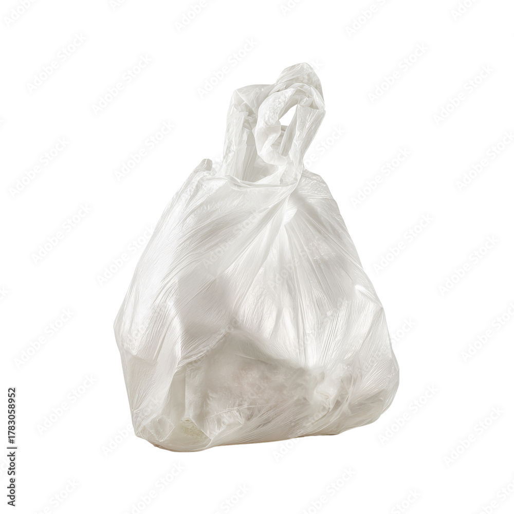 Fototapeta premium Translucent plastic bag filled with contents, isolated against white backdrop