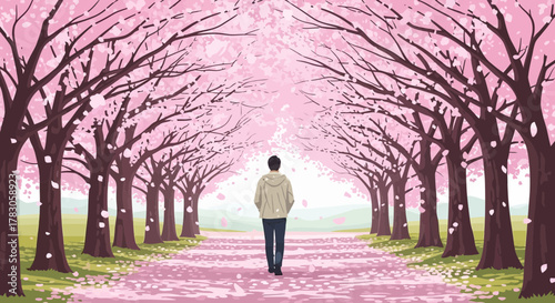 Rear view of a man walking under blooming cherry blossom trees in spring, concept for peaceful retreat, nature escape and seasonal background