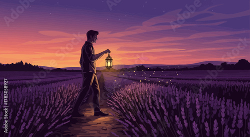 Young man holding a lantern walking through a lavender field at sunset, concept for relaxation, inspiration and peacefulness