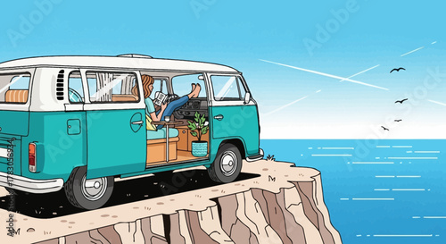 Illustration of a woman reading in a vintage camper van parked on a cliff overlooking the ocean with birds flying above, concept for travel blog, vacation planning and nomadic lifestyle