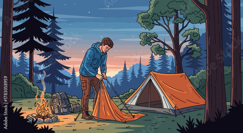 Man sets up an orange tent near a campfire in a forested area at dusk, concept for outdoor adventure, camping trip and wilderness exploration