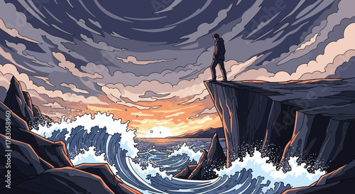 Illustration of a man standing on a cliff edge watching the sunset and ocean waves, concept for travel inspiration, personal growth and overcoming challenges