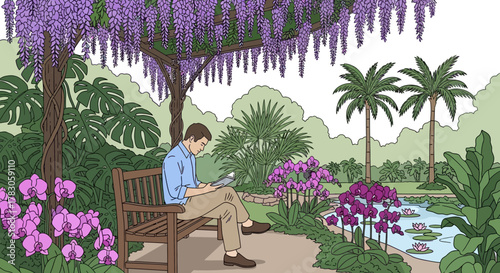 Man reading digital tablet sitting on a bench under wisteria flowers pergola in a tropical garden, concept for relaxation retreat, digital lifestyle and tranquil escape