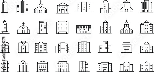 Minimal line building icons, modern architecture, office structures, church silhouettes, vector urban buildings, black outline commercial property design set