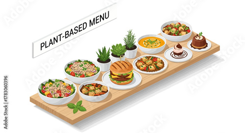 Explore a Delicious Plant Based Menu featuring Vegan Burger, Salads, Soups and Desserts for a Healthy Lifestyle, Perfect for Restaurant and Food Blog Use