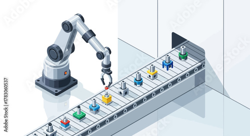 Efficient automation with robotic arm assembling parts on conveyor belt, showcasing precision manufacturing and modern industrial production for engineering solutions