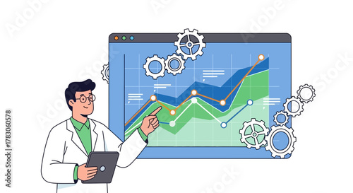 Scientist analyzing growth charts with gears, offering insight, innovation, and strategic solutions in data driven world, originally a scalable vector graphic