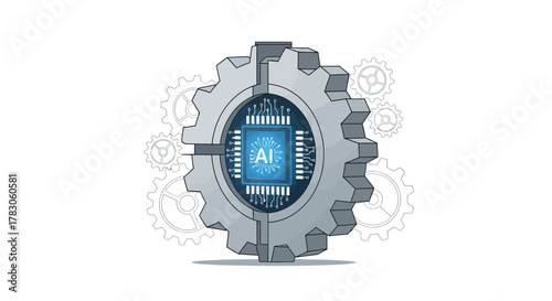 Modern AI Technology Concept Featuring Gear Mechanism and Integrated Circuit for Automation, Machine Learning and Robotics Applications, Scalable Vector Origin