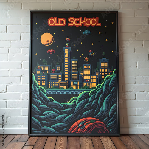 A painting of an 80's game on the wall