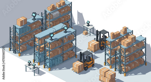 Efficient warehouse operation with forklifts moving boxes in organized shelving, perfect for logistics, supply chain, and inventory management solutions