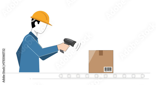 Worker scans package barcode on conveyor belt, ensuring efficient shipping and inventory management in a modern warehouse for streamlined logistics operations