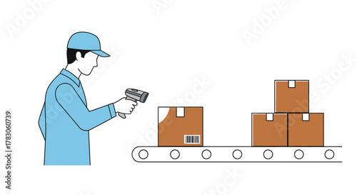 Efficient warehouse worker scanning packages on conveyor belt for quick distribution, streamlined logistics, and modern supply chain management solutions