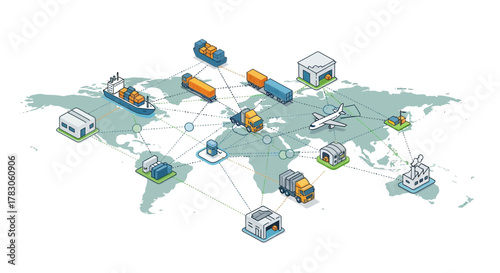 Efficient global logistics network connecting shipping containers, trucks, airplane, and warehouses across the world for supply chain management