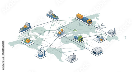 Efficient global logistics network connecting factories, warehouses, ships, trucks, and airplanes across the world map for seamless supply chain management