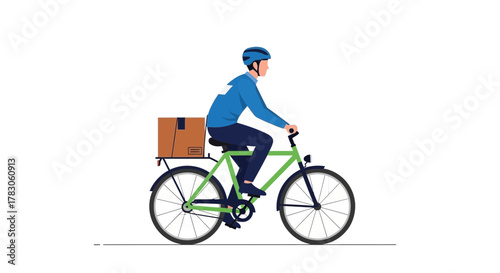 Eco-Friendly Delivery Service: A cyclist wearing a helmet delivers package on bike offering sustainable shipping solutions, great for promoting green logistics