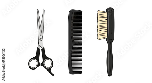Barber tools offer styling potential, a comb, brush, and scissors create a professional look for hair care brands and salon promotions