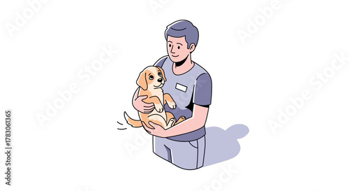 Caring vet holding adorable puppy with wagging tail, showcasing compassion and expertise in animal care, perfect for veterinary clinic marketing