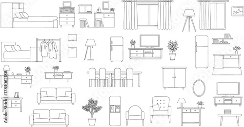 Minimal outline illustration of people in everyday activities, including sitting, reading, working, sleeping, relaxing, sketching, using devices, casual lifestyle, modern, home, and office.