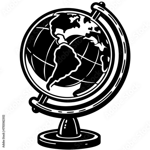 Black and white illustration of a globe showing south america isolated on white background
