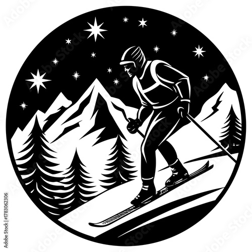 Silhouette of a skier descending a snowy mountain under a starry night sky isolated on white background