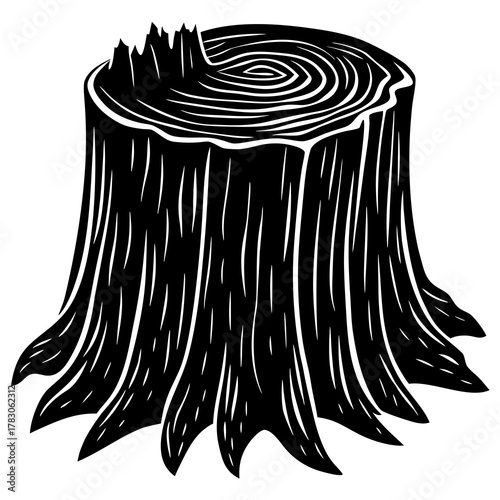 Black and white illustration of a rough tree stump with visible rings isolated on white background