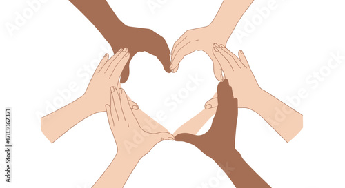 A conceptual illustration of six hands with varying skin tones coming together to form a heart shape in the negative space.