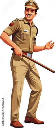 Vector illustration of Indian policeman in uniform standing confidently with baton representing authority and discipline