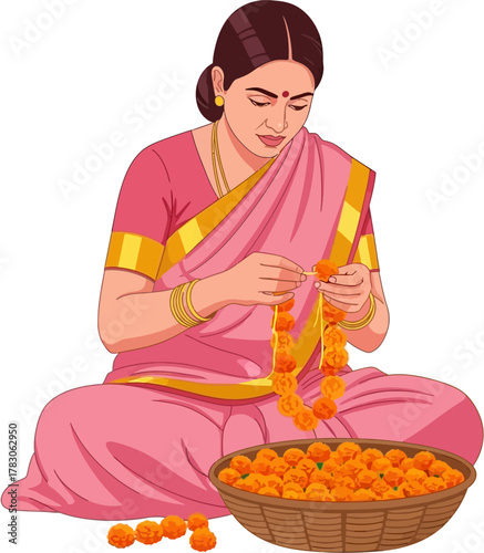 Vector illustration of Indian woman sitting and making flower garland for religious festival decoration with devotion and care