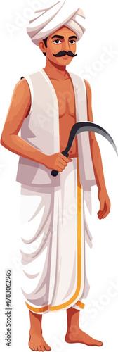 Vector illustration of Indian farmer standing with sickle in hand symbolizing hard work agriculture and rural livelihood