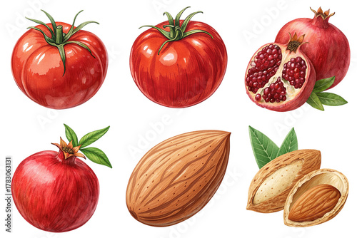 Ripe tomato and pomegranate with seeds, whole and sliced, and almond nut with shell and kernel, botanical food still life, vibrant color