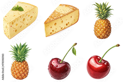 Creamy Swiss cheese wedge and aged cheese slice with basil beside fresh pineapple and glossy cherries evoking rustic market abundance and bright