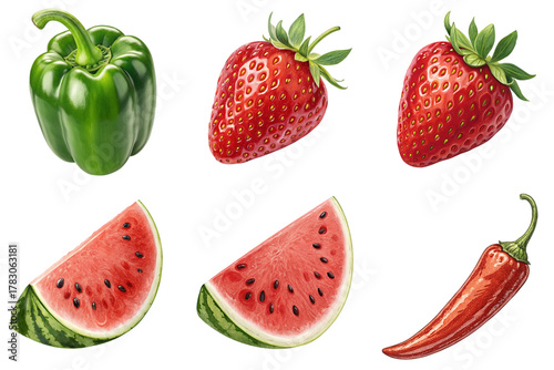 Green bell pepper strawberry watermelon slice chili pepper fresh produce arrangement with vibrant color and natural texture