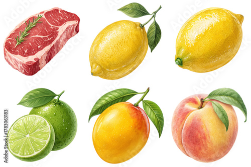 Ripe lemon yellow lemon green lime yellow mango peach fruit raw steak citrus fruit tropical fruit fresh produce