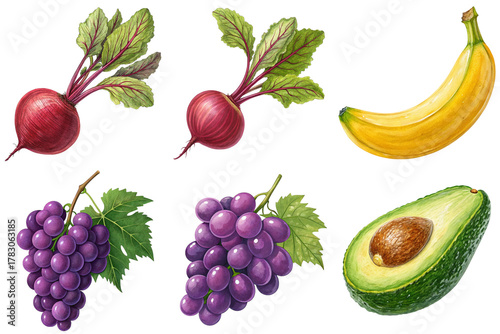 Fresh beetroot with leaves, banana, purple grape cluster and halved avocado still life with natural texture and vibrant color, wholesome produce