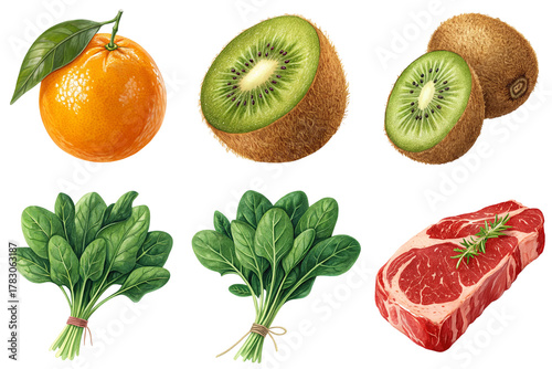 Fresh tangerine, halved kiwi, whole kiwi, two spinach bunches and raw ribeye steak arranged transparency background, vivid natural texture