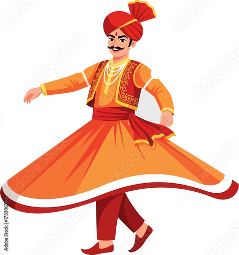 Vector illustration of Indian woman performing Kathak classical dance with graceful motion colorful costume and expressive pose