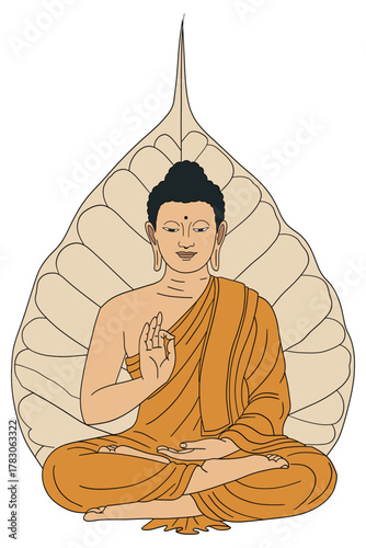 Buddha meditating in lotus position with bodhi leaf background. Peaceful enlightened figure in orange robes with teaching mudra.