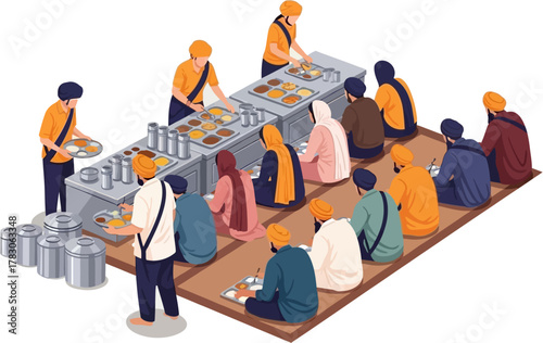 Vector illustration of Sikh volunteers serving free food at langar community kitchen showing generosity and social harmony