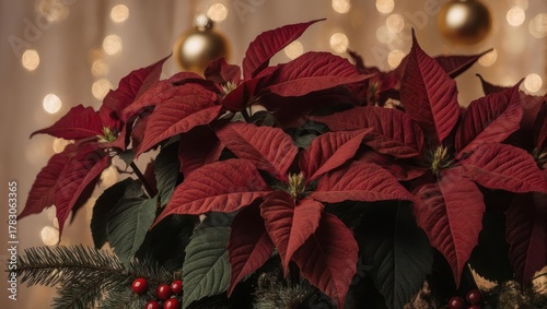 Festive Poinsettia Plant with Christmas Ornaments and Twinkling Lights.