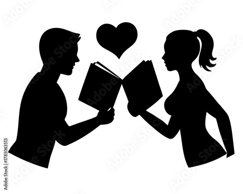 Silhouette of a man and woman reading books with a heart shape above them in black and white style art on transparent background